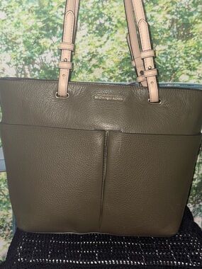 Michael Kors Olive Leather Tote with Beige Straps
